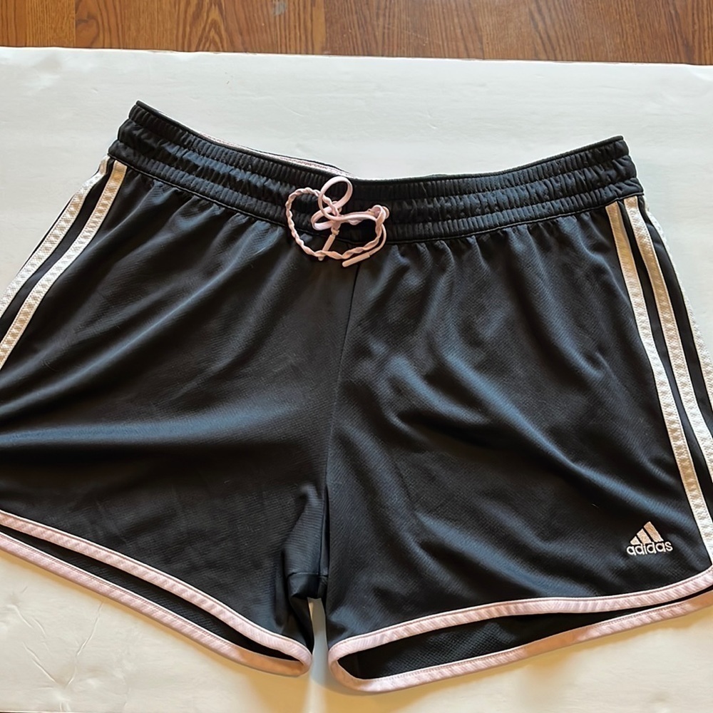 Adidas-L- black & pink running shorts with drawstring no lining athletic shorts.